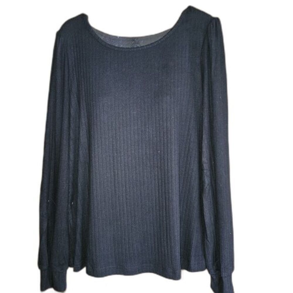 Black Ribbed LS Top Oversized Stretchy Fitted Crew Casual‎ Basic Tee Small New